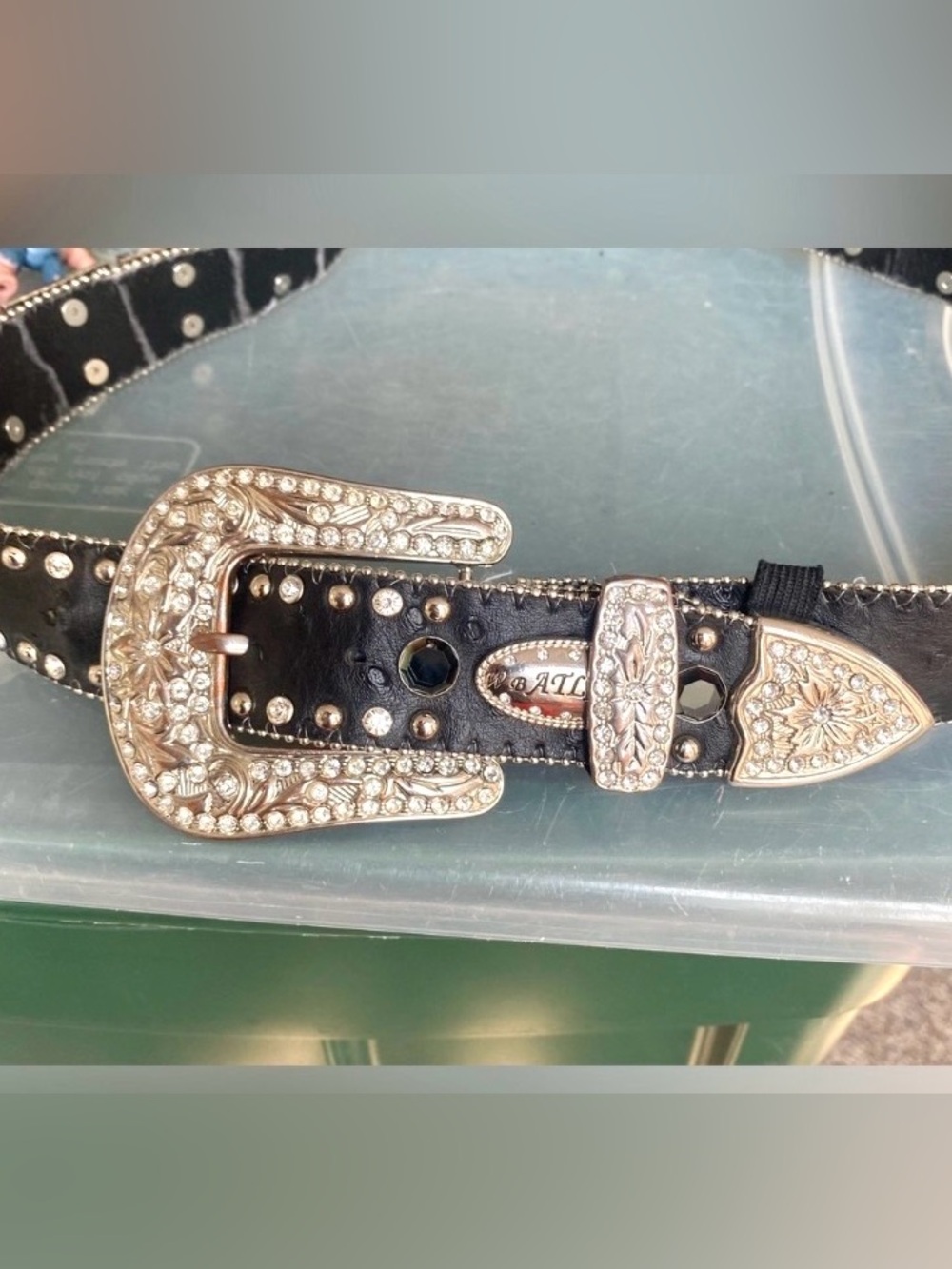Vintage Studded Leather Suede Western Belt Rhinestone Silver Buckle 43” Large